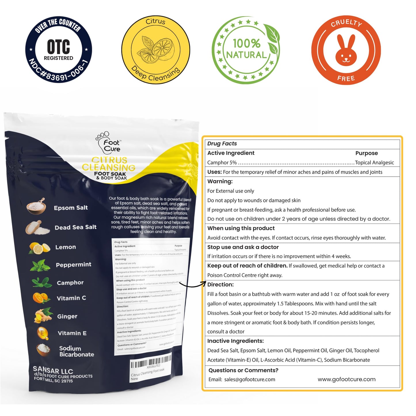 FOOT CURE Tea Tree & Citrus Foot Soak with Epsom Salt – Supports Tired Feet, Softens Calluses, and Refreshes (Pack of 2)