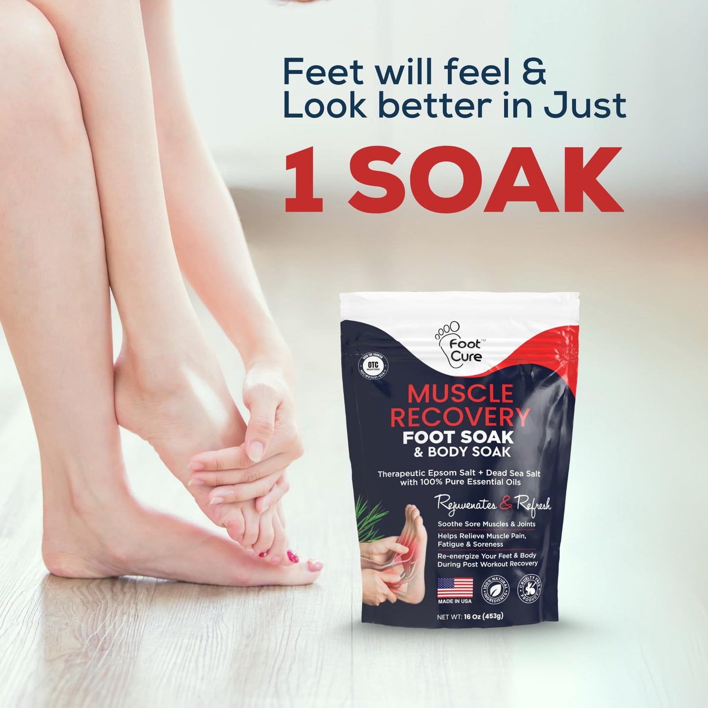FOOT CURE Foot Soak with Epsom Salts – All-Natural Blend for Relaxing Foot Care – Softens Calluses & Refreshes Feet – Invigorating Scent, Spa Pedicure – 16 oz (Pack of 1)