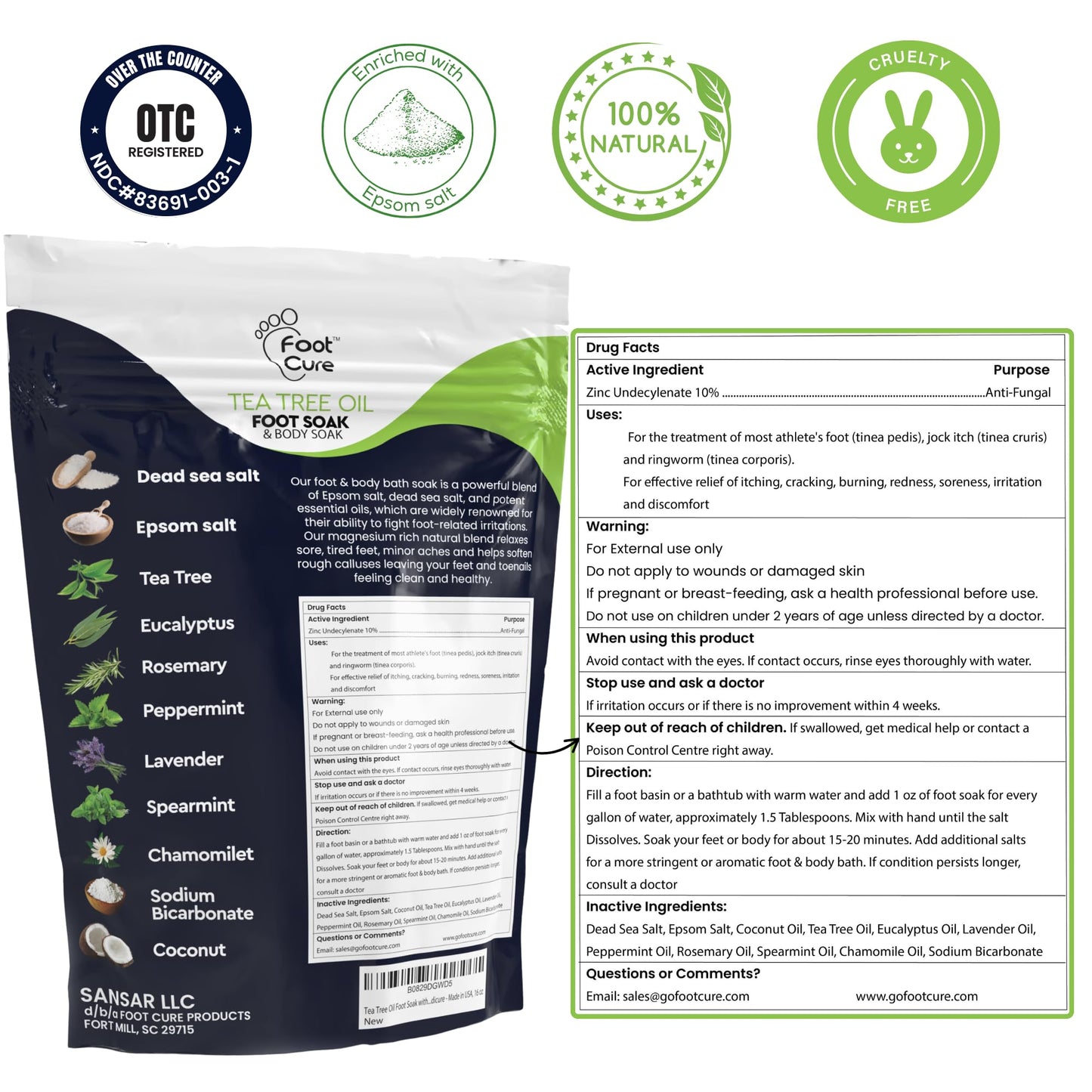 FOOT CURE Tea Tree & Citrus Foot Soak with Epsom Salt – Supports Tired Feet, Softens Calluses, and Refreshes (Pack of 2)